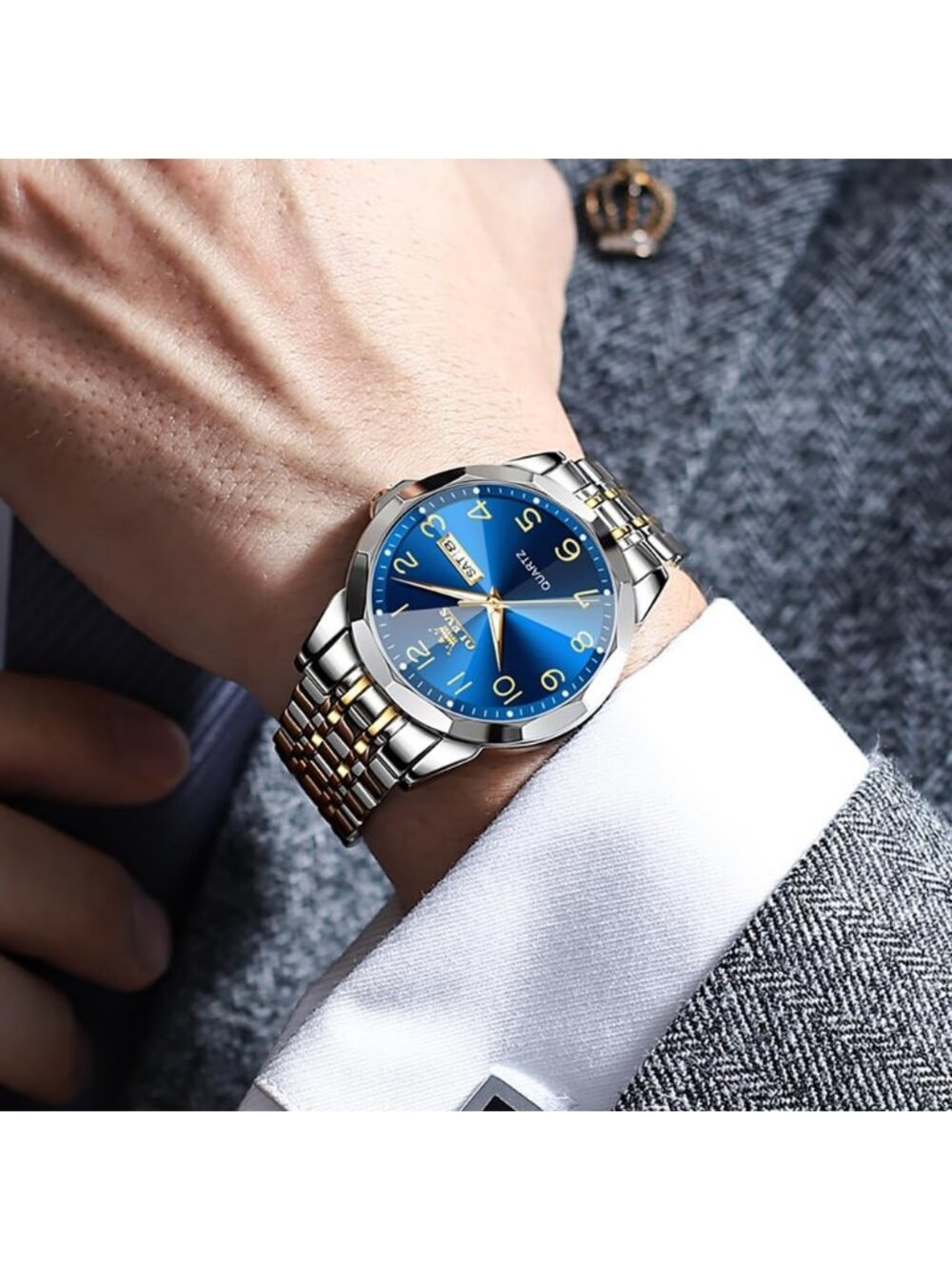 Men's Silver Blue Analog Simple Business Stainless Waterproof Luminous Watch - Picture 3 of 6